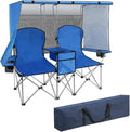 BDL Double Camping Chair with Canopy Two Person Folding Loveseat with Shade Heavy Duty Beach Chair with Cooler Bag Cup Holder for Outside Fishing Sports Beach-Sky Blue
