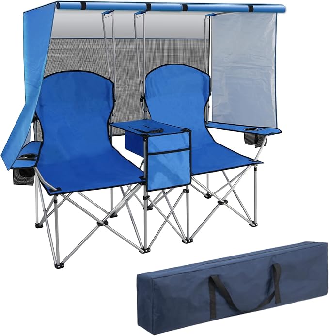 BDL Double Camping Chair with Canopy Two Person Folding Loveseat with Shade Heavy Duty Beach Chair with Cooler Bag Cup Holder for Outside Fishing Sports Beach-Sky Blue