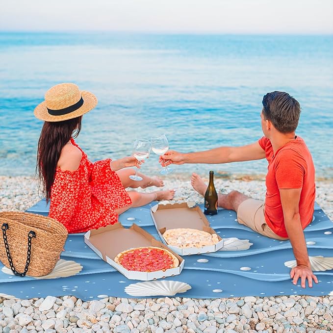 Waterproof Sandproof Beach Blanket 59''×68'' Textured Shell Pattern Polyester Outdoor Picnic Blanket with 4 Stakes &amp Storage Bag for BeachCampingVacation