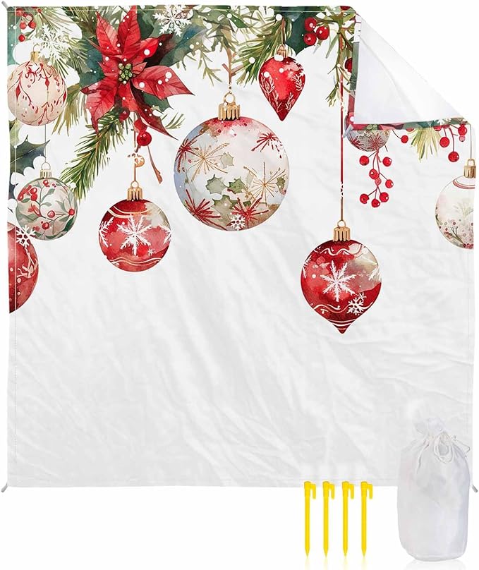 Beach Blanket Waterproof Sandproof OversizedChristmas Ball Red Poinsettia Berries Beach Mat with Corner Stakes Sand PocketsGreen Pine Leaves on White Picnic Mat for Travel Camping Hiking83x79In