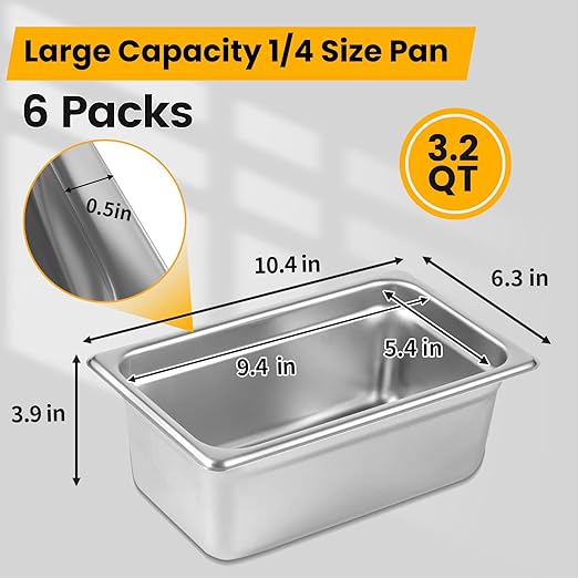 Aplancee 1/4 Hotel Pans 4 Inch Deep Stainless Steel Food Pan - Anti-Jam 6 Pack Steam Table Pan Set for Catering Buffet Use Kitchen Prep