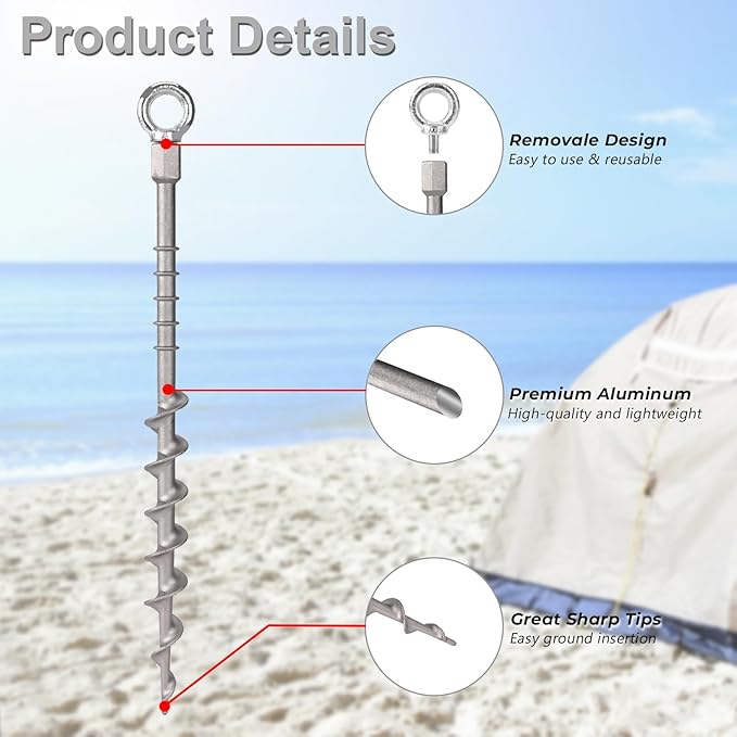 14 Ground Anchors Screw in Non-Rust Cast Aluminum Detachable Tent Stakes for Camping Tents Sand Trampoline Swing Sets and Sheds（16 Packs）