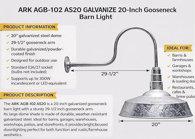 AGB102-AS20-GALVANIZE Gooseneck Barn Light - Galvanize Outdoor Dome with Incandescent Downlight | Wall-Mount Fixture for Patios Gardens Pathways and Large Outdoor Living Spaces