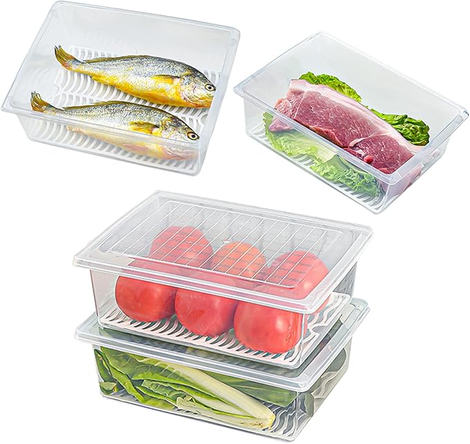Food Storage Container Plastic Food Containers with Removable Drain Plate and Lid Stackable Portable Freezer Storage Containers - Tray to Keep Fruits Vegetables Meat (X-Large(4PCS))