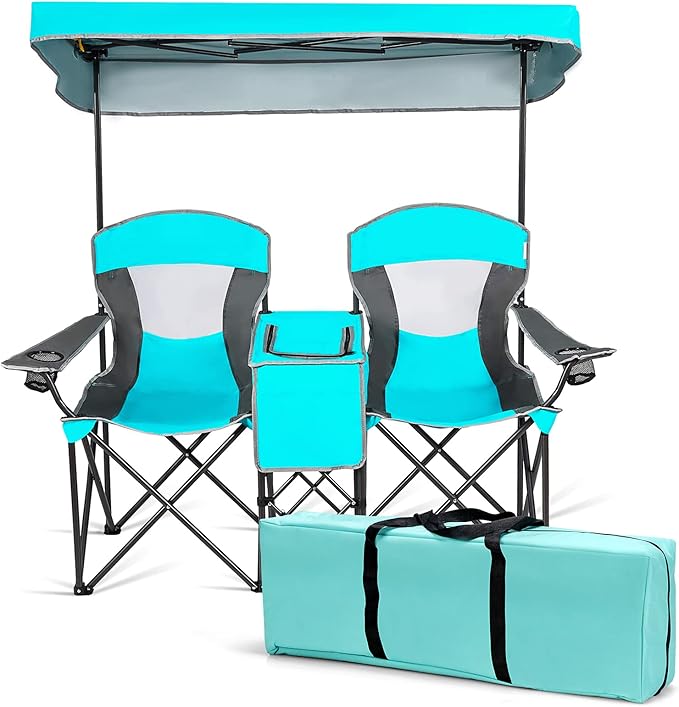 S AFSTAR Double Camping Chair w/Shade Canopy 2-Person Folding Camp and Beach Chair with Mini Table Beverage Cup Holder Carrying Bag Collapsible Camping Chairs for Garden Patio Pool Beach