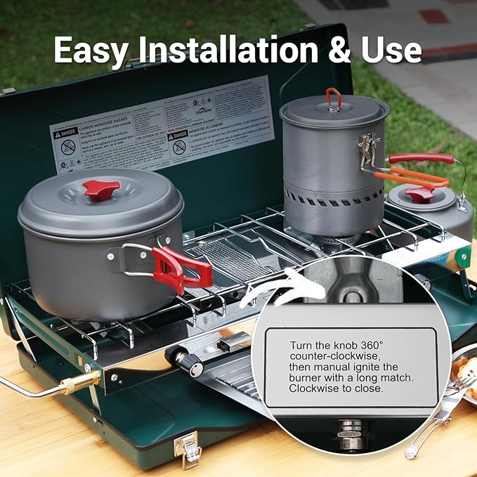 Camping Stove 3 Burners Propane Portable Camp Stove with Regulator Push-Button Instant Ignition Adjustable Burners &amp Wind Guards for Car BBQ Picnics Outdoor Cooking (GREEN-20400 BTUs)