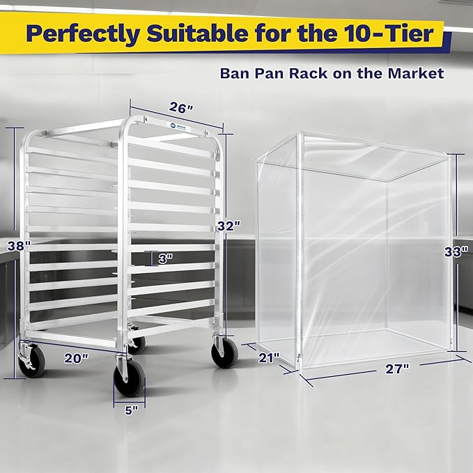 10-Tier Sheet Pan Rack with Cover NSF Bun Pan Rack Aluminum Bakery Rack Home Commercial Kitchen Bakery Cooling 4 Wheels