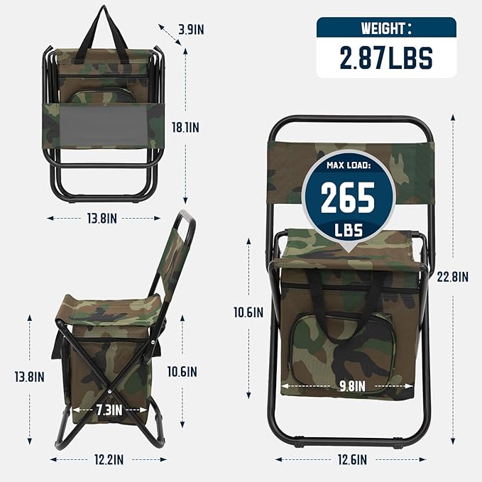 FUNDANGO Portable Fishing Chair Lightweight Backrest Stool Compact Folding Chair with Cooler Bag for Outdoors Hiking Hunting Travel Supports 265 Lbs