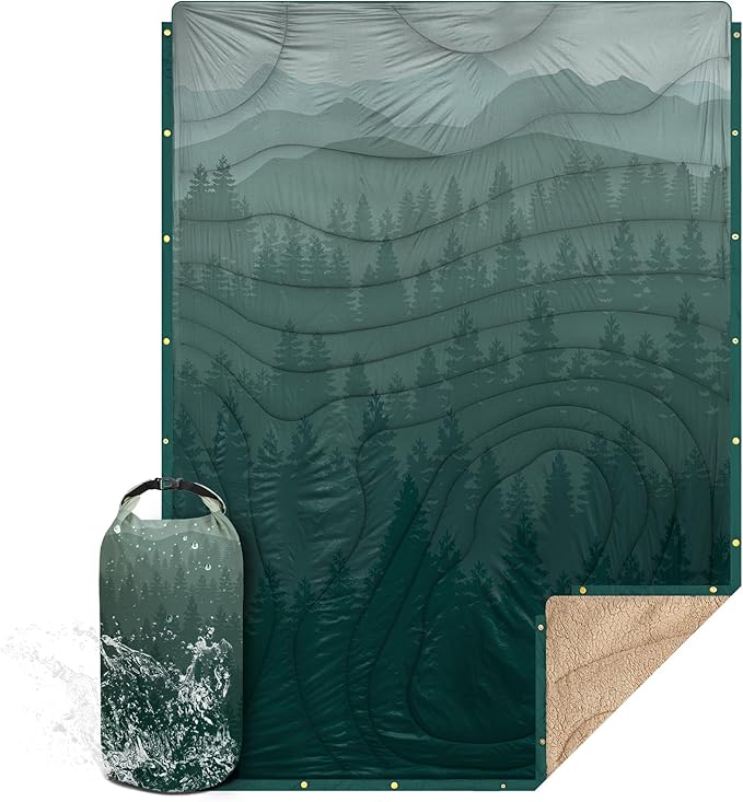 Outdoor Camping Blanket with Sherpa Lining Extra Warm Thick Camp Blankets and Puffy Ultralight Soft Poncho DWR Camping Quilt for Cold Weather Adventure Sleeping Backpacking 78x 56