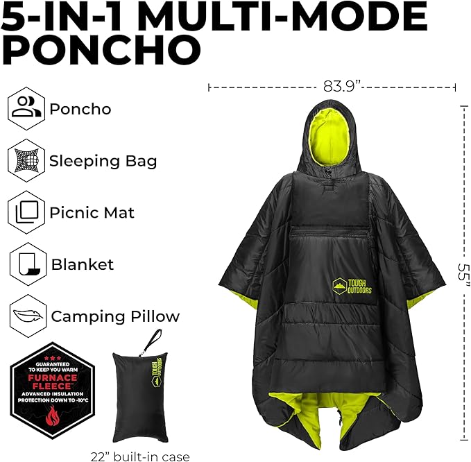 Tough Outdoors 5 in 1 Camping Poncho - Packable Blanket - Wearable Sleeping Bag Adult - Sleeping Bag Poncho - Waterproof