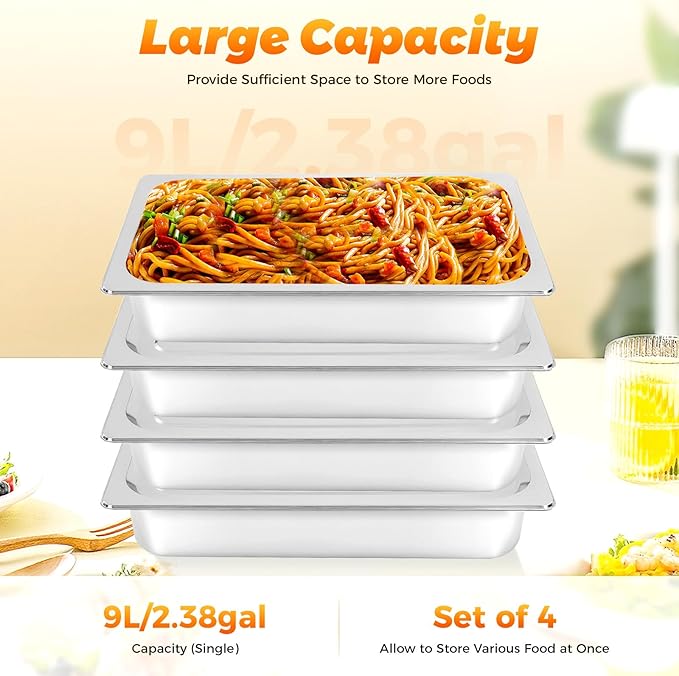 4 Pack Steam Table Pans with Lid 9L/2.38Gal Stainless Steel Hotel Pans Food Storage Container Commercial Buffet Warmer Catering Supplies for Restaurants Hotels Buffets