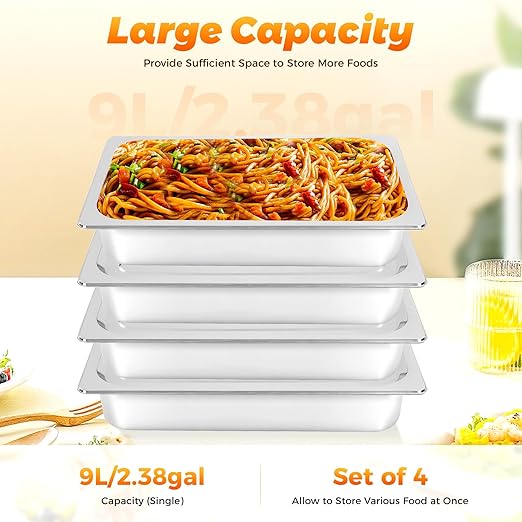 Hotel Pans With Lid 4Pack Full Size Steam Table Pan 4 Deep Stainless Steel Steam Table Pans with Lid - 21 L x 13 W Commercial Anti-Jamming Buffet Pan