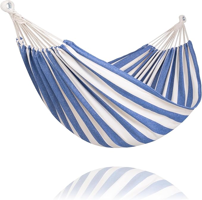 SUNCREAT Fabric Hammock for Backyard Hanging Tree Hammock Blue &amp White
