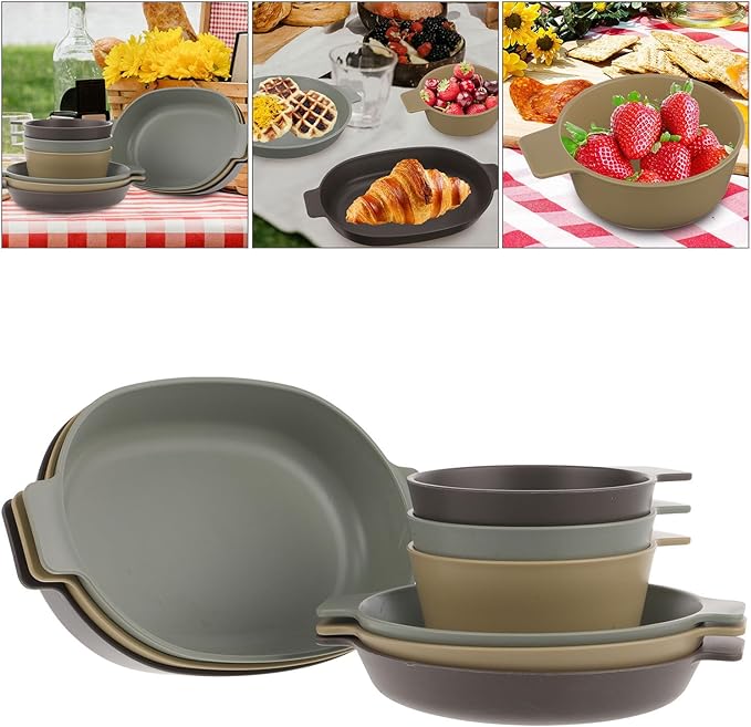 POPETPOP Portable Plastic Dinnerware Set 3 Small Plates 3 Oval Plates 3 Single-Handle Bowls Lightweight Reusable Camping Bowl for Outdoor Hiking and Picnic Use