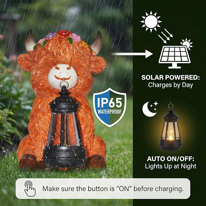 Garden Statues Highland Cow with Solar Lantern Outdoor Highland Cow Figurines Decorations for Patio Yard Lawn Ornaments Gifts for Mom/Grandma Birthday Housewarming