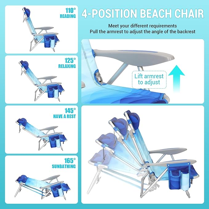 #WEJOY Beach Chair for Adults Reclining Adjustable Position Lay Flat Lightweight Folding Portable Aluminum Chair with Backpack StrapsPadded headrest Heavy Duty 400 lbs Lawn Chair for Beach Sand