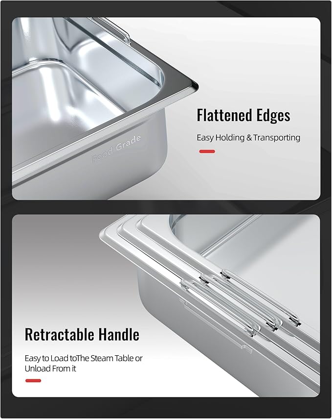 GarveeHome 6 Pack Full Size Food Pans 4 in Deep Commercial Catering Hotel Pan NSF Certified Stainless Steel Anti-Jamming Steam Table PanHandle + No Lid