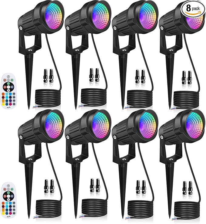 12W LED Landscape Lights Low Voltage RGBW Color Changing 12V AC/DC Waterproof Outdoor Spotlights with Remote Control IP65 Garden Pathway Lights with 8 Spike Stands for Christmas Decorative(8 Pack)