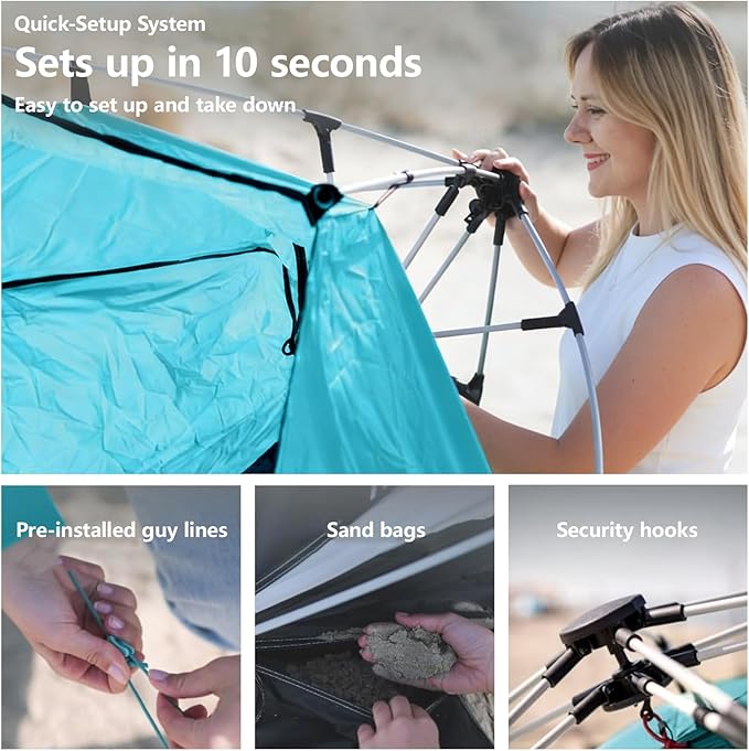 Three Bears Pop Up Beach Tent Sun Shade Shelter for 3-4 Person UPF 50＋ UV Protection Lightweight &amp Easy Setup Beach Shade Canopy Portable Beach Shade Tent Beach Cabana (Blue)
