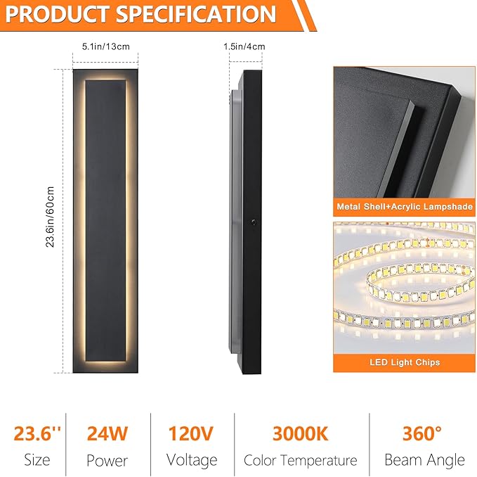 tewei 23.6 Inch Modern Outdoor Wall Sconce Long Black LED Exterior Lighting Fixtures Modern Large Outdoor Front Porch Lights Outside Wall Mount Lights for House Warm White 3000K 2 Pack