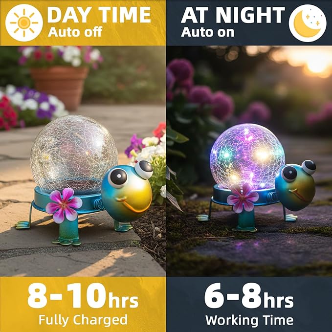 Solar Lights Outdoor Turtle Garden Decor with Crackle Glass Globe Lights - Cute Metal Turtle Statue for Yard Lawn Patio Porch Pathway Tabletop Housewarming Gifts for Mom Women