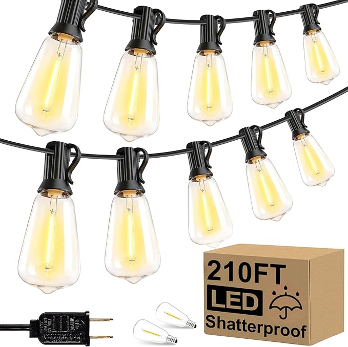 Upgraded LED Outdoor String Lights 210Ft Shatterproof Waterproof ST38 Vintage Edison Bulbs Patio Lights Energy Saving Hanging Outdoor for Christmas Porch Deck Garden Backyard Wedding Party