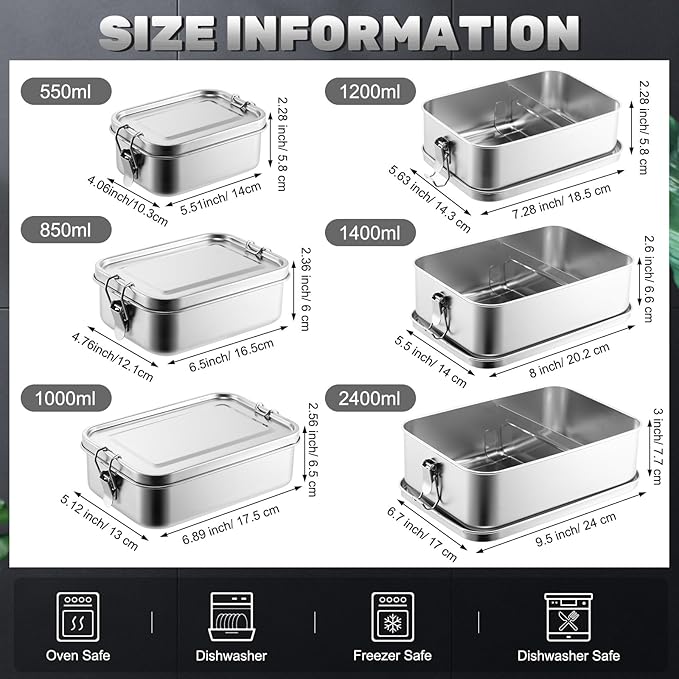 Umigy 6 Pcs Stainless Steel Food Containers 550/850/1000/1200/1400/24000 ml Metal Bento Lunch Box Stainless Steel Food Storage Containers Lockable Clips to Leak Proof Reusable Dishwasher Snack Box