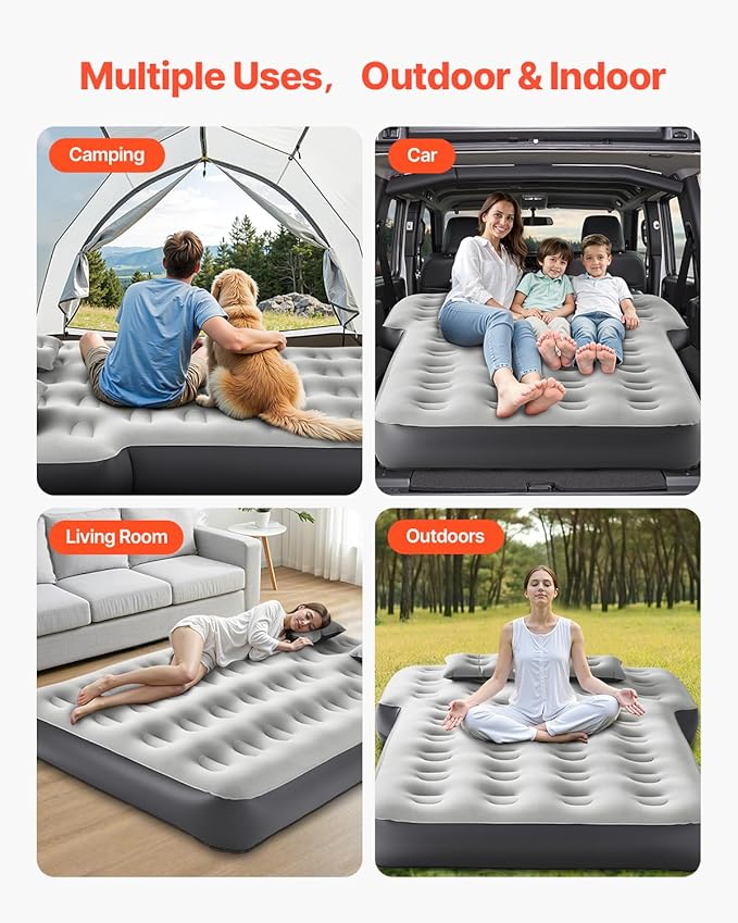 VEVOR Car Air Mattress Inflatable Car Camping Mattress Fits Toyota 4runner Jeep Wrangler JK JKU JL JLU 4 Door Flocking Thickened Blow Up Travel Beds Gray 2 Pillows