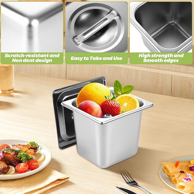 6 Set Stainless Steel Hotel Pans 1/6 Size 6 Inch Deep with Lids Steam Table Pans with Lids 1/6 Size 6 Inch Deep Stainless Steel Restaurant Pan Metal Food Pan with Lid for Hotel Buffet Home