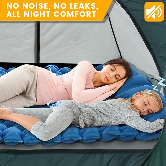 Sleeping Pad for Camping 2 Person Double Camping Pad with Built-in Foot Pump and Pillow Inflatable 4in Extra-Thick Ultralight Air Mattress for Backpacking Hiking Travel Tent Car Gift