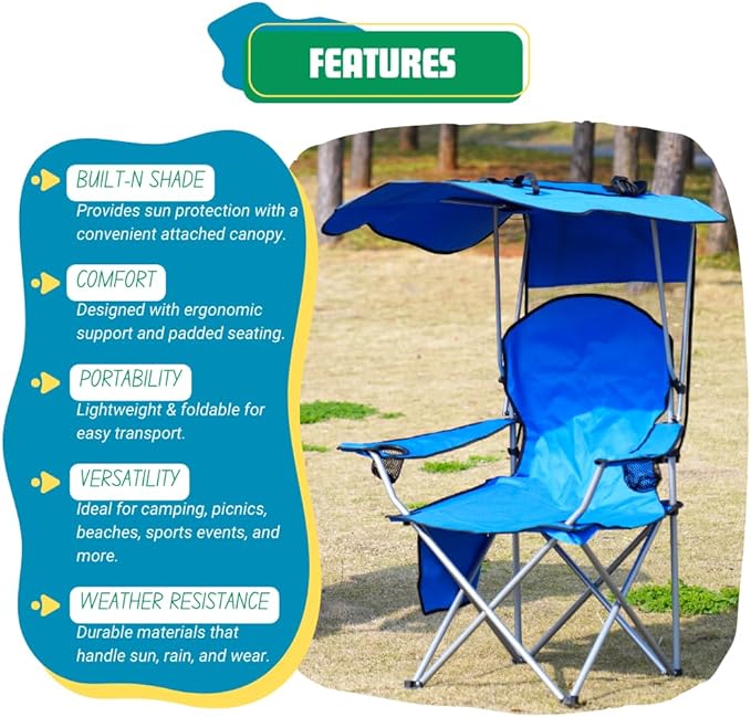 EZONE Folding Canopy Camp Chair for Outdoors Shade Canopy Portable Chair Camping Tailgates Beach Pool Lawn Chair Sunshade Travel Chair Folding Camping Chair (Upgraded - Blue)