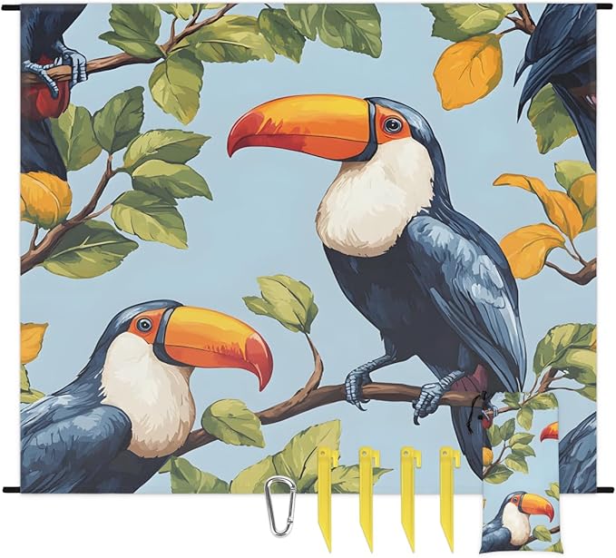 Waterproof Sandproof Beach Blanket 59''×68'' Animals Parrots Polyester Outdoor Picnic Blanket with 4 Stakes &amp Storage Bag for BeachCampingVacation