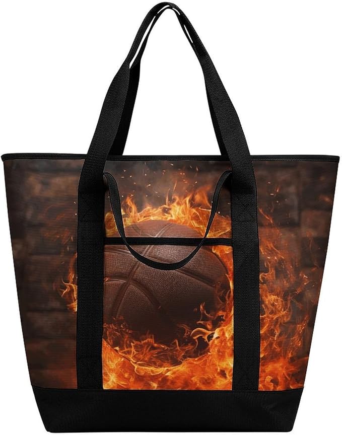 Insulated Shopping BagLarge Reusable Cooler Bags Brick Wall And Burning Basketball Printed Foldable Shopping BagTravel Waterproof Shoulder Bag