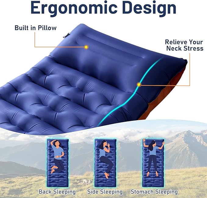 KASBAH Camping Sleeping PadExtra Wide 6 inch Thick Inflatable Sleeping Pads with Built-in Foot Pump and PillowUltralight Camping Mat Gear for Outdoor HikingCamping