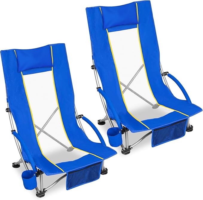 Romswi High Back Beach Chair Compact Lightweight Low Seat Camping Chair Fits in Suitcase 400lbs Heavy Duty Oversized Backpack Chair with Cup Holder &amp Storage Bag Blue
