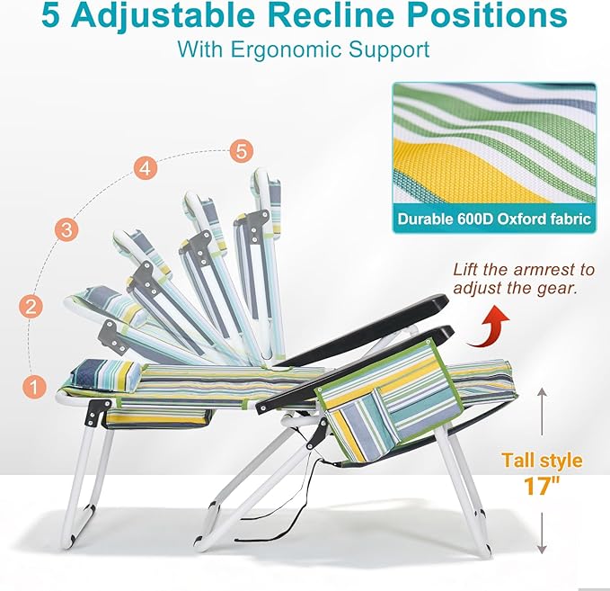 ABORON 17'' Tall Folding Beach Chair with Backpack Straps 5-Position Reclining Lounge Chair Heavy Duty 600D Oxford Fabric Insulated Cooler Bag &amp Side Pocket for Outdoor Camping Poolside