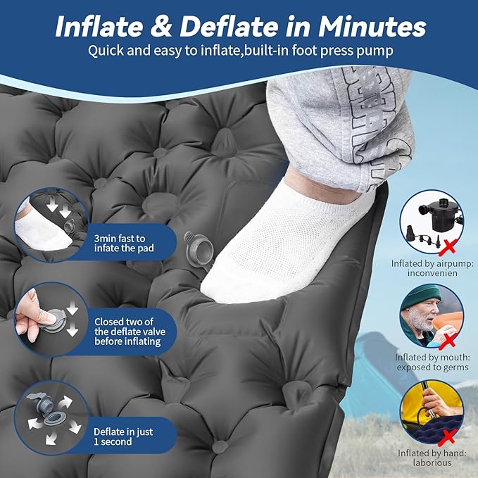 HiiPeak Double Sleeping Pad - Self Inflating 3 Extra-Thick for 2 Person with Pillow Built-in Foot Pump Inflatable Sleeping Mat for Backpacking Hiking Traveling Tent Portable Camping Mat (Gray)