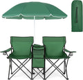 COSTWAY Double Portable Picnic Chairs Folding Camping Chairs w/Detachable Umbrella Cooler Bag Cup Holders Patio Beach Camping Chairs for Outdoors Green