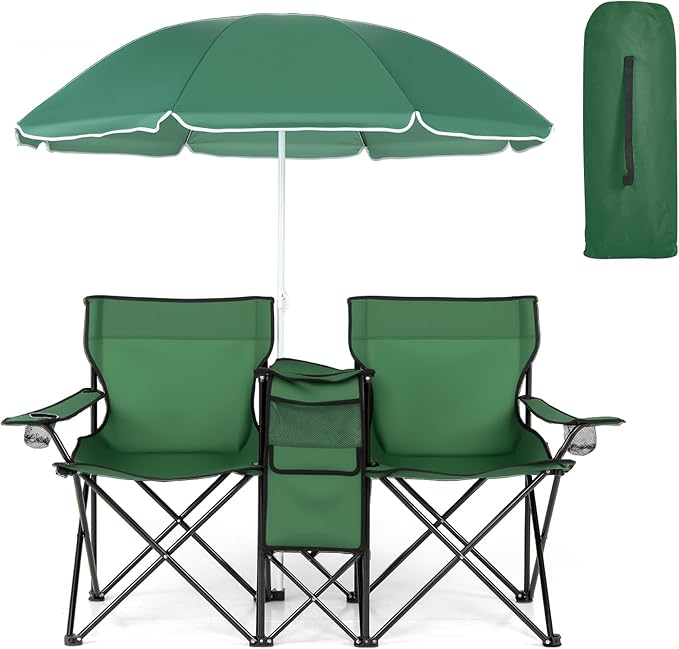 COSTWAY Double Portable Picnic Chairs Folding Camping Chairs w/Detachable Umbrella Cooler Bag Cup Holders Patio Beach Camping Chairs for Outdoors Green