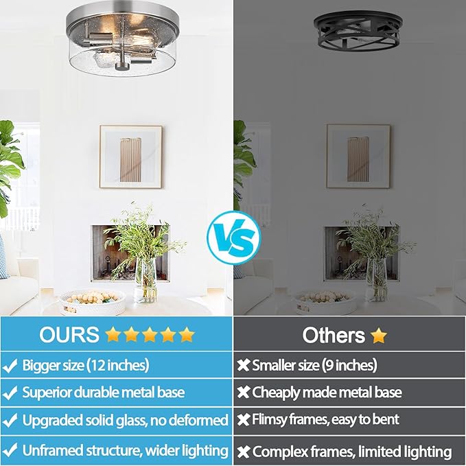 Flush Mount Ceiling Light Fixtures 2-Light 12 Inch Brushed Nickel Close to Ceiling Light Fixtures with Seeded Glass Shade Ceiling Light Fixture for Porch Hallway Bathroom Dining Room and Foyer