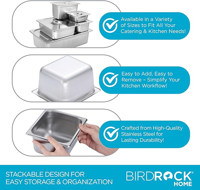 BIRDROCK HOME Stainless Steel Steam Table Pan - Hotel Restaurant &amp Catering Supplies - 24 Gauge Steel 1.8 qt Capacity - Meal Prep Cooking &amp Food Storage Container - 4 Depth 1/6-Size (6 P
