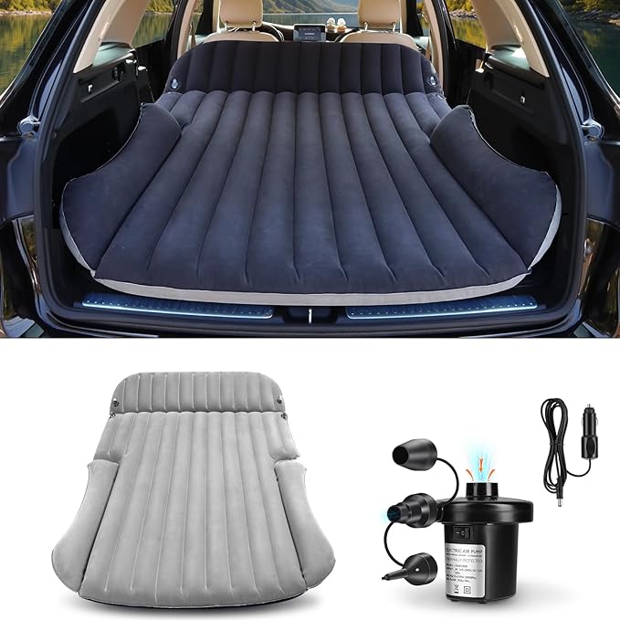 SUV Air Mattress with Double-Sided-Thick FlockedCar Mattress with Pump &amp PillowLeakproof Durable Car Air MattressCar Bed for Auto CampingRoad TripDouble-Sided Flocking（Black+Grey）