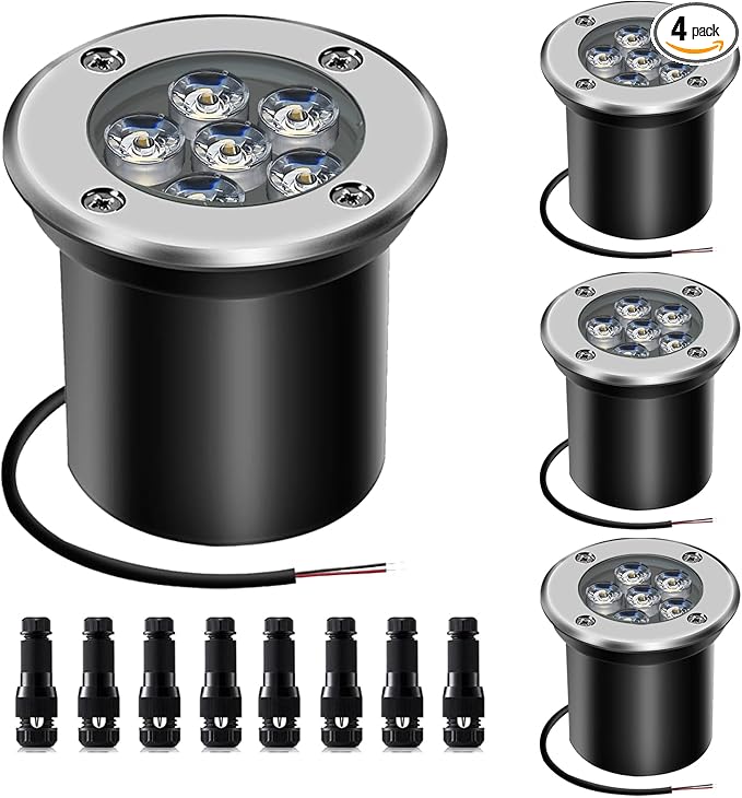 Low Voltage Landscape Light LED In-Ground Lighting with Connectors Well Lights Bright White Waterproof IP67 6W 12V 24V Outdoor Pathway Lights for YardLawnPatioWalkway(Cool White)