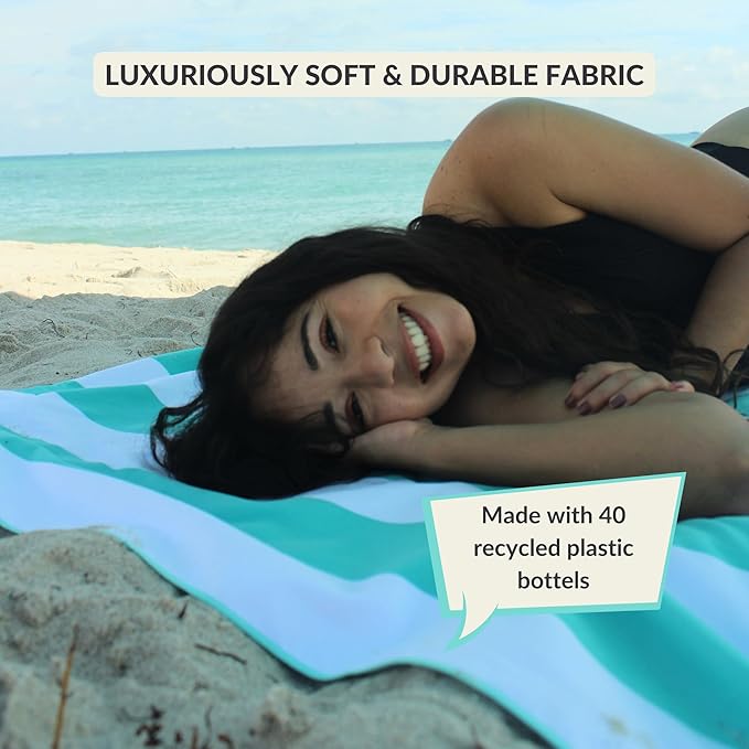 Plush Microfiber Beach Blanket Extra Large Beach Mat for 3-6 Persons Sandproof Windproof | Hole for Umbrella Corner Sand Pockets to Fight Wind (Bag for Blanket Included)