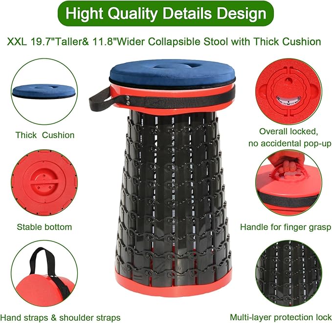 2026 Upgraded XXL Collapsible Stool with Thick Cushion19.7H-11.8D Telescoping Folding Stool for Adults More Sturdy Camping Stools with Load Capacity 1000lbs for OutdoorGardenFishingHiking