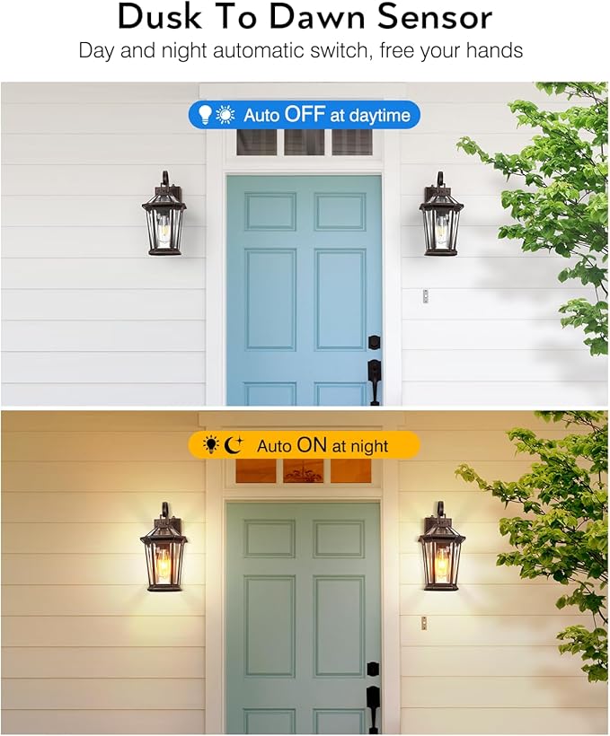 VIANIS Outdoor Wall Light Fixtures Aluminum Dusk to Dawn Outdoor Lighting with Tempered Glass Weatherproof Exterior Lighting Fixtures Oil-Rubbed Bronze Gold Trim Front Porch Light for Door Patio