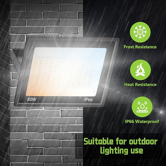 80W LED FloodLights Outdoor 2 Pack 10000LM 3CCT 3000K 4500K 6000K Selectable IP66 Waterproof Outdoor Security Flood Light for Yard Garden Garage