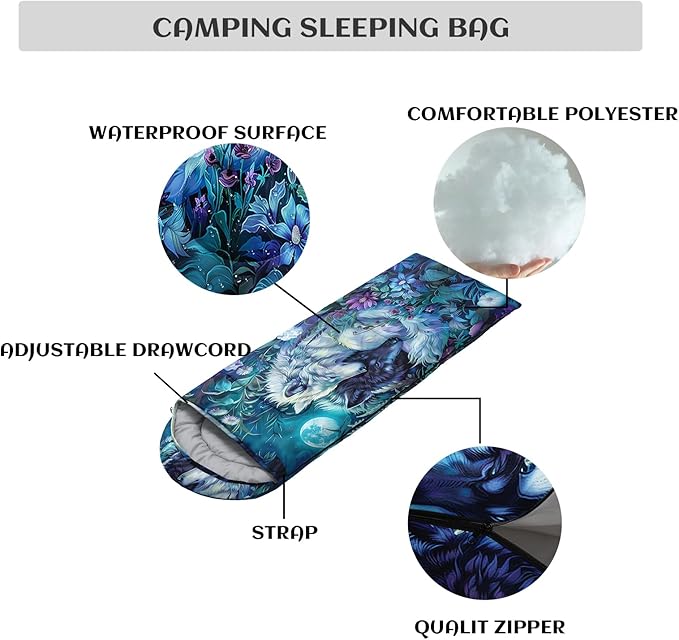 Sleeping Bags for Adults and Kids3D Printing Camping Sleeping Bag for Girls Boys Lightweight Waterproof Cold/Warm 3-SeasonOutdoor Travel with Compression Bags