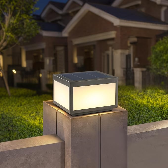 Solar Post Lights Outdoor Pillar LightSolar Cap Column Lighting LED Square Deck Cap Lamp for Flat Surface Patio Garden Decoration Stainless Steel Lamp Post Dusk to Dawn with IP65 Waterproof（10x10）