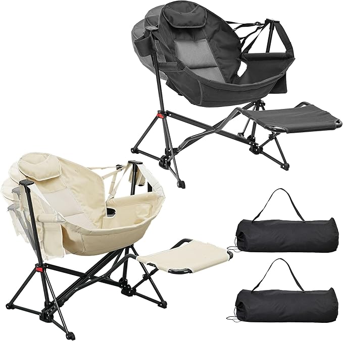 Ainfox Hammock Camping Chair with Footrest Heavy Duty Foldable Portable Rocking Hammock Chairs Outside Swinging Camp with Cup Holder Pillow for Outdoor Patio Poolside Beige Black
